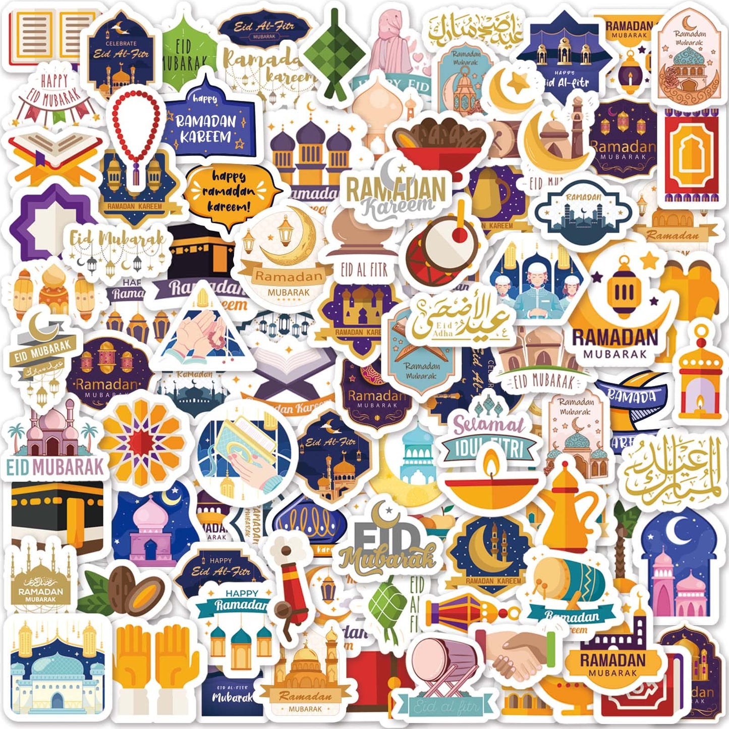 100 Pcs Ramadan and Eid Stickers, Ramadan Mubarak Eid Mubarak Stickers for Kids and Adult, Islamic Ramadan Karrem Stickers for Home Decorations Gift Bags Laptop Skateboard Water Bottles Scrapbook