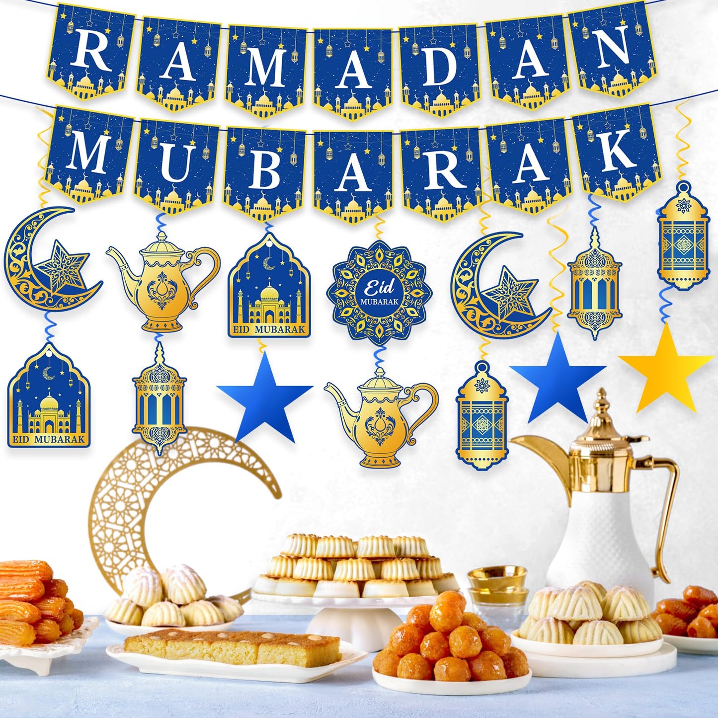 34Pcs Ramadan Decorations Pre-Assembled Mubarak Eid Kareem Muslim Banner Hanging Swirls Garland Decor Party Supplies Ramadan Decorations for Home