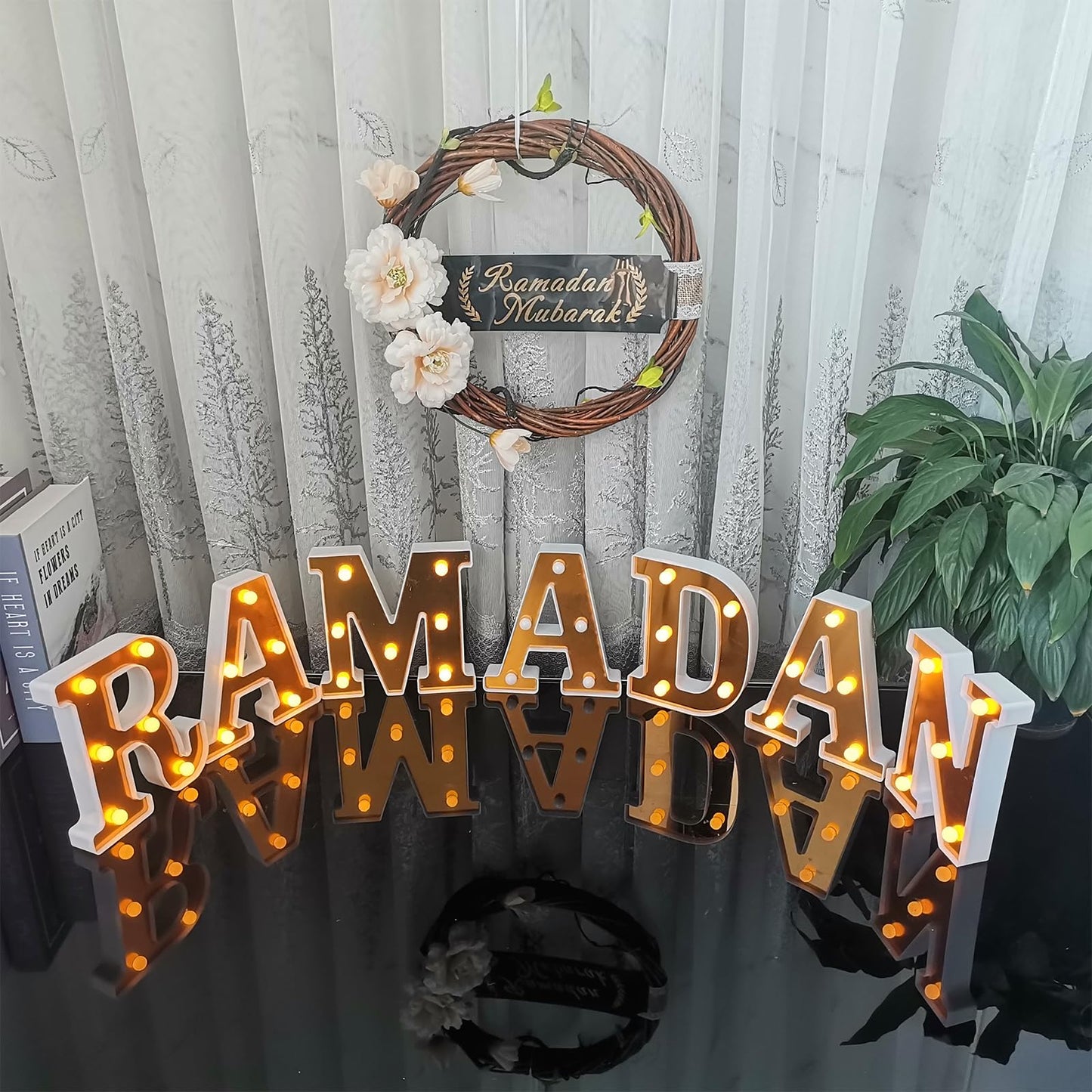 Fadraney 7Pcs Ramadan LED Letter Lights, Battery-Powered Ramadan Table Decoration, LED Light Up Ramadan Letters with Mirror Surface for Islamic Party Decor