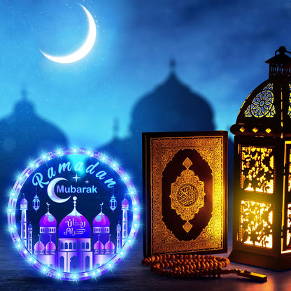 Capoda 9.45 Ramadan Window Lights Eid Mubarak Decorations Moon Start and End with Allah Wall Art Lights up Muslim Plaque for Door Home Eid Al Fitr Party Supplies, Blue