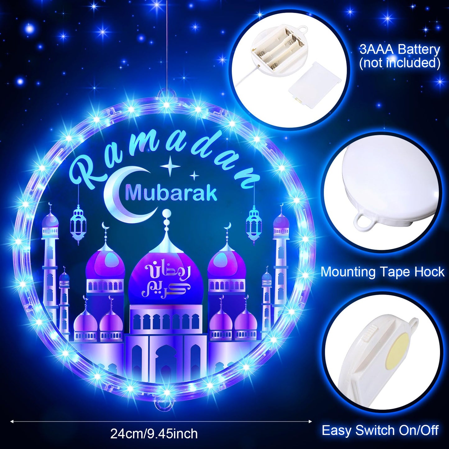 Capoda 9.45 Ramadan Window Lights Eid Mubarak Decorations Moon Start and End with Allah Wall Art Lights up Muslim Plaque for Door Home Eid Al Fitr Party Supplies, Blue