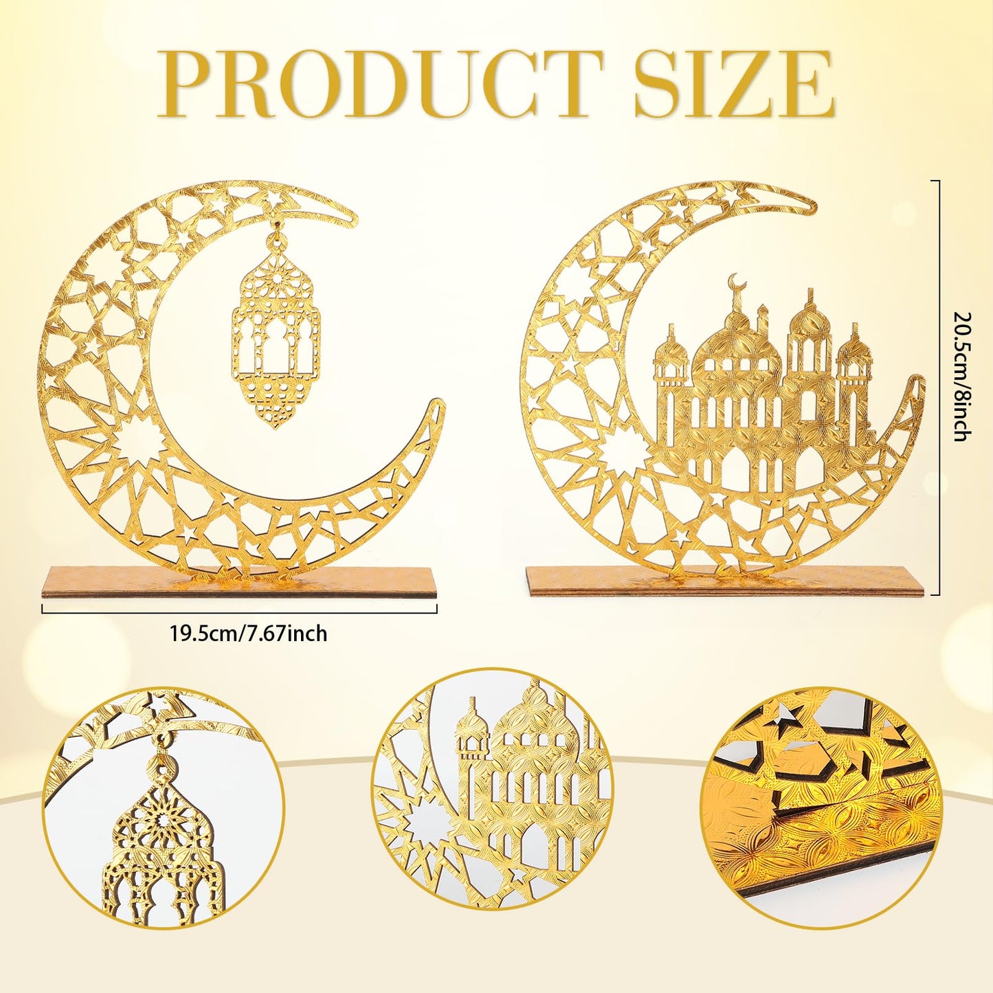 2 Pieces Wood Ramadan Decorations Islamic Eid Mubarak Kareem Table Sign Moon Hollow Star Ornament for Muslim Party Tabletop Decor Home Art Craft Decoration Golden Moon