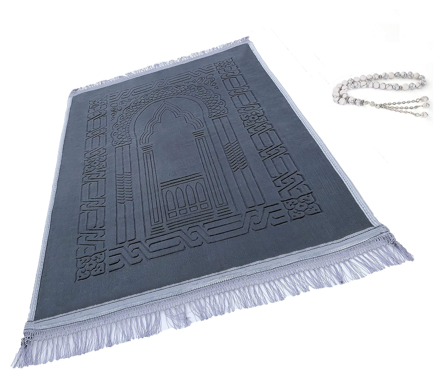 Prayer Rug Muslim Mat Islamic - Thick Large Grey Padded Sajadah for Kids Men Women with Islam Prayer Beads for Eid Travel Ramadan, Soft Luxury Great for Knees and Forehead